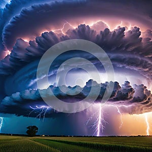 Amazing thunderstorm supercell cloud with lightning bolts flashing over