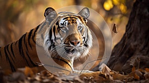 Amazing tiger pose during the golden light time. Wildlife scene with danger animal. Hot summer dry