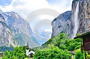 Amazing touristic alpine village, Lauterbrunnen in swiss alps