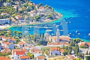 Amazing town of Hvar waterfront aerial view