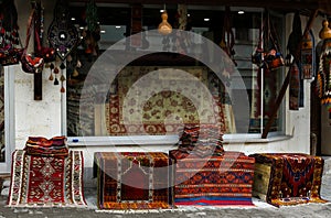 Amazing traditional Turkish carpet store in bazaar. Cappadocia market for tourists.