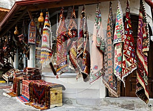 Amazing traditional Turkish carpet store in bazaar. Cappadocia market for tourists.