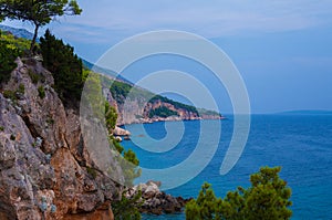 Amazing tranquil sea landscape with rocky shore