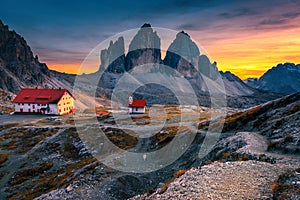 Amazing Tre Cime di Lavaredo mountains at sunset, Dolomites, Italy