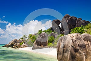 Amazing tropical beach Anse Source d`Argent with granite boulders on La Digue Island, Seychelles