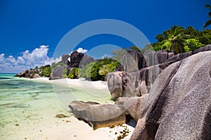 Amazing tropical beach Anse Source d`Argent with granite boulders on La Digue Island, Seychelles