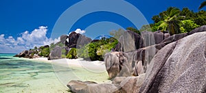 Amazing tropical beach Anse Source d`Argent with granite boulders on La Digue Island, Seychelles