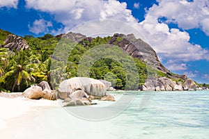 Amazing tropical beach Anse Source d`Argent with granite boulders on La Digue Island, Seychelles