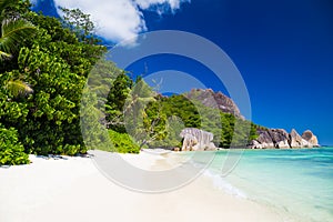 Amazing tropical beach Anse Source d`Argent with granite boulders on La Digue Island, Seychelles