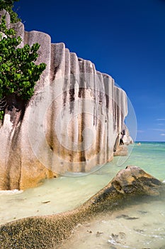 Amazing tropical beach Anse Source d`Argent with granite boulders on La Digue Island, Seychelles