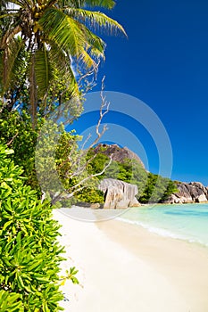 Amazing tropical beach Anse Source d`Argent with granite boulders on La Digue Island, Seychelles