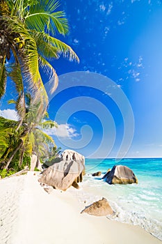 Amazing tropical beach Anse Source d`Argent with granite boulders on La Digue Island, Seychelles