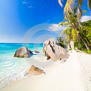 Amazing tropical beach Anse Source d`Argent with granite boulders on La Digue Island, Seychelles