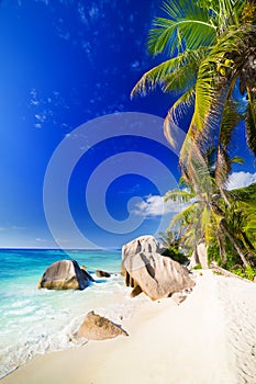 Amazing tropical beach Anse Source d`Argent with granite boulders on La Digue Island, Seychelles