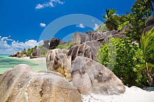 Amazing tropical beach Anse Source d`Argent with granite boulders on La Digue Island, Seychelles