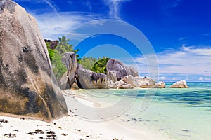 Amazing tropical beach Anse Source d`Argent with granite boulders on La Digue Island, Seychelles