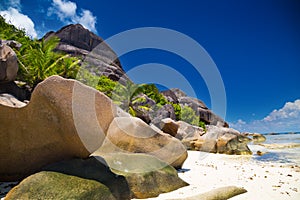 Amazing tropical beach Anse Source d`Argent with granite boulders on La Digue Island, Seychelles