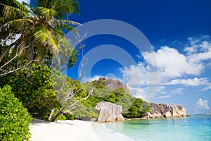 Amazing tropical beach Anse Source d`Argent with granite boulders on La Digue Island, Seychelles