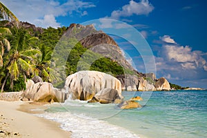 Amazing tropical beach Anse Source d`Argent with granite boulders on La Digue Island, Seychelles