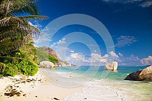 Amazing tropical beach Anse Source d`Argent with granite boulders on La Digue Island, Seychelles