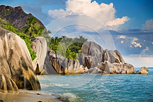 Amazing tropical beach Anse Source d`Argent with granite boulders on La Digue Island, Seychelles