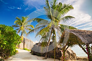 Amazing tropical beach Anse Source d`Argent with granite boulders on La Digue Island, Seychelles