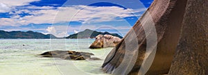 Amazing tropical beach Anse Source d`Argent with granite boulders on La Digue Island, Seychelles