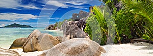 Amazing tropical beach Anse Source d`Argent with granite boulders on La Digue Island, Seychelles