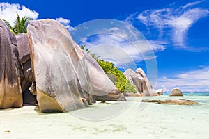 Amazing tropical beach Anse Source d`Argent with granite boulders on La Digue Island, Seychelles