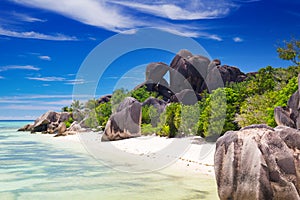 Amazing tropical beach Anse Source d`Argent with granite boulders on La Digue Island, Seychelles