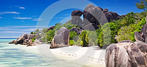 Amazing tropical beach Anse Source d`Argent with granite boulders on La Digue Island, Seychelles