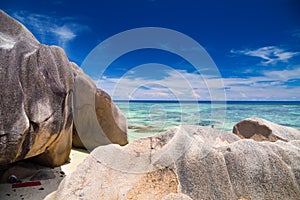 Amazing tropical beach Anse Source d`Argent with granite boulders on La Digue Island, Seychelles