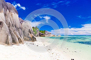 Amazing tropical beach Anse Source d`Argent with granite boulders on La Digue Island, Seychelles