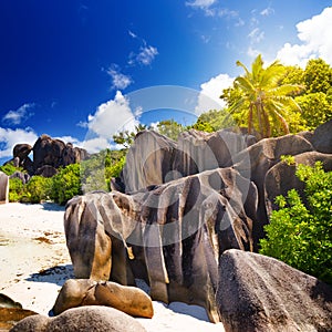 Amazing tropical beach Anse Source d`Argent with granite boulders on La Digue Island, Seychelles