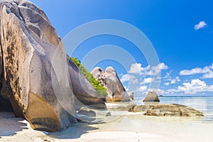 Amazing tropical beach Anse Source d`Argent with granite boulders on La Digue Island, Seychelles