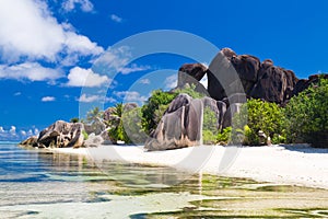 Amazing tropical beach Anse Source d`Argent with granite boulders on La Digue Island, Seychelles