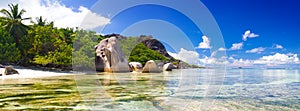 Amazing tropical beach Anse Source d`Argent with granite boulders on La Digue Island, Seychelles
