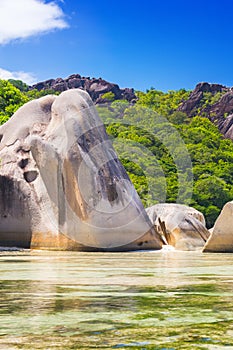 Amazing tropical beach Anse Source d`Argent with granite boulders on La Digue Island, Seychelles