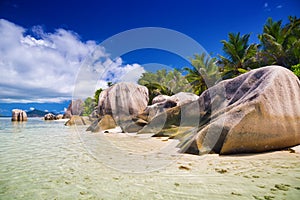 Amazing tropical beach Anse Source d`Argent with granite boulders on La Digue Island, Seychelles