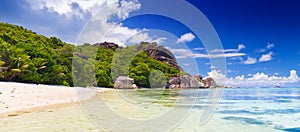 Amazing tropical beach Anse Source d`Argent with granite boulders on La Digue Island, Seychelles