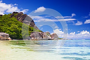 Amazing tropical beach Anse Source d`Argent with granite boulders on La Digue Island, Seychelles