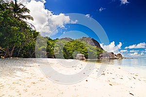 Amazing tropical beach Anse Source d`Argent with granite boulders on La Digue Island, Seychelles