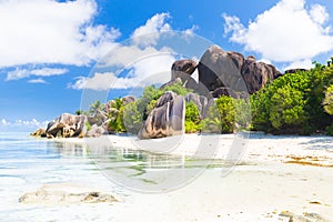 Amazing tropical beach Anse Source d`Argent with granite boulders on La Digue Island, Seychelles