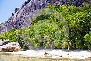 Amazing tropical beach Anse Source d`Argent with granite boulders on La Digue Island, Seychelles