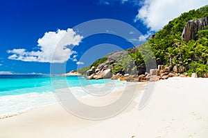 Amazing tropical beach with granite boulders on Grande Soeur Island, Seychelles photo