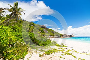 Amazing tropical beach with granite boulders on Grande Soeur Island, Seychelles photo