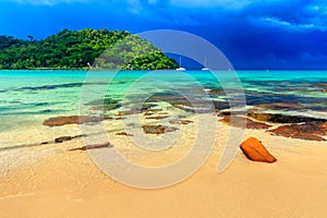 Amazing tropical beach with palm on background sea water and colorful blue sky on horizon.