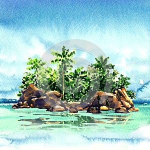 Amazing tropical island with palm trees, rocks from the sea, Maldivian atoll in ocean, panorama, watercolor illustration