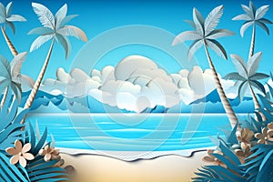 Amazing tropical landscape of the beach on the island: palm trees, gentle waves, blue sky,paper cut style, tourism concept,travel,