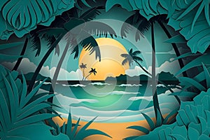 Amazing tropical landscape of the beach on the island at sunset: palm trees, gentle waves, blue sky, paper cutting style, tourism